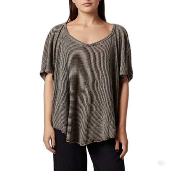 We The Free Brown Striped Slit Sleeve Split Sides Short Sleeve Top XS - Picture 1 of 10